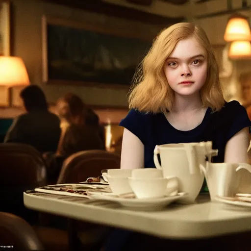 Image similar to Elle Fanning at a diner, head and shoulders portrait, stormy weather, extremely detailed masterpiece, Roger Deakin’s cinematography, oil on canvas, Da Vinci,