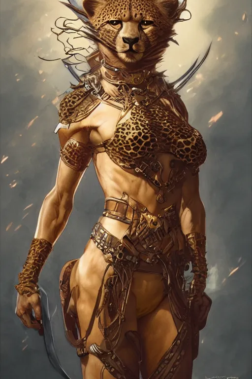 Image similar to a anthropomorphic cheetah warrior, D&D, fantasy, intricate, highly detailed, digital painting, artstation, concept art, smooth, sharp focus, illustration, art by artgerm and greg rutkowski and alphonse mucha