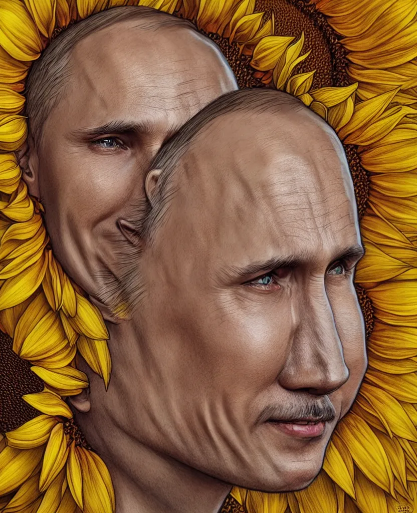 Image similar to digital art, centered full body of Putin smiling king, Sunflower crown, ,intricate, veins, by James Jean and by artgerm , by ross tran ultradetailed, charachter design, concept art, trending on artstation,