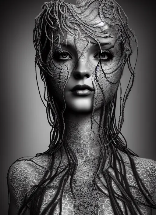 Image similar to surreal mythical dreamy dark artistic black and white fine art photo of a beautiful young female medusa - cyborg covered with lace fish scales and translucent algae, highly detailed, intricate crystal ivy jelly fish scales ornate, lace web, poetic, octane render, 8 k, photo - realistic