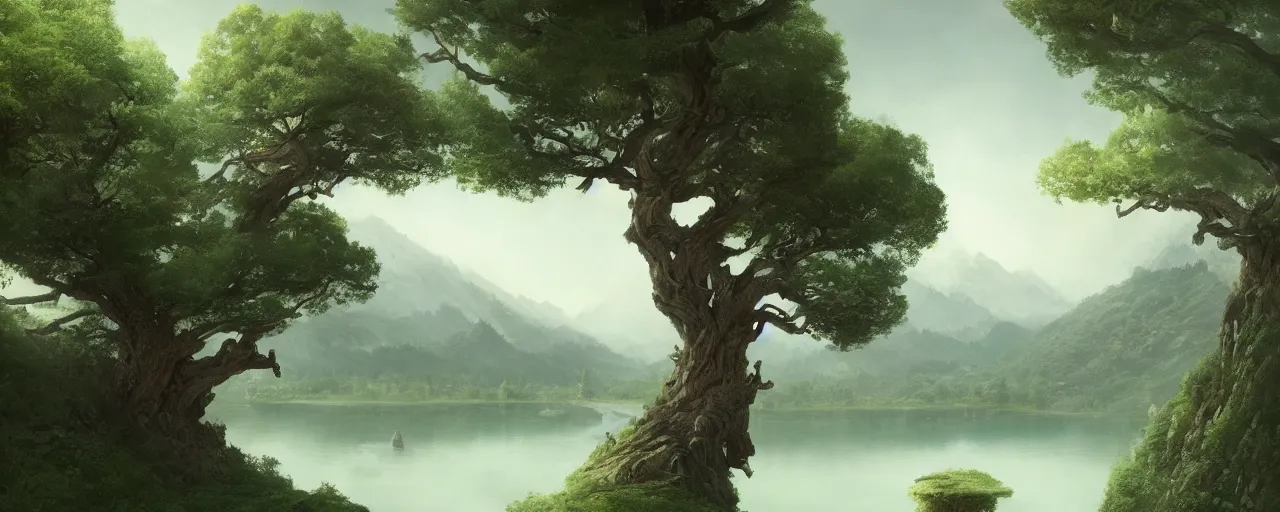 Prompt: A mystical tree that bends around the mountain in the distance and into the foreground, where it dips into the green lake, very detailed concept art, matte painting, digital art, concept art, realistic beautiful, trending on Artstation, Greg Rutkowski