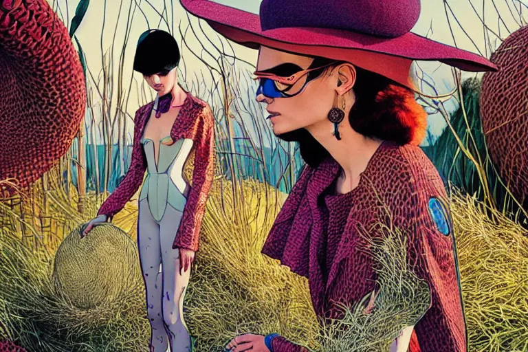 Image similar to fashion editorial photography in a world inspired by jean giraud moebius and geoff darrow