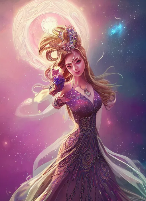 Image similar to a highly detailed illustration of elegant goddess wearing cosmic galxaxy patterned dress, elegant floating pose, beautiful detailed figure, nebula background, intricate, elegant, highly detailed, centered, digital painting, artstation, concept art, smooth, sharp focus, league of legends concept art, wlop