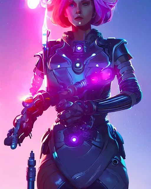 Prompt: A cybernetic witch wielding a futuristic power staff, digital apex legends illustration portrait, gorgeous lighting, wide angle action dynamic portrait, art by Ross tran, Pink and blue palette, high contrast,