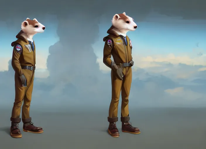 Image similar to character portrait feature of the anthro male anthropomorphic ferret fursona wearing airline pilot outfit uniform professional pilot character design stylized by charlie bowater, ross tran, artgerm, and makoto shinkai, detailed, soft lighting, rendered in octane