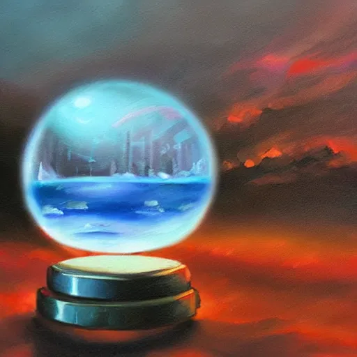 Prompt: a rainstorm inside a snowglobe. Beautiful colorful clouds in moody greys and blues. High quality award winning detailed!!! oil painting, trending on artstation