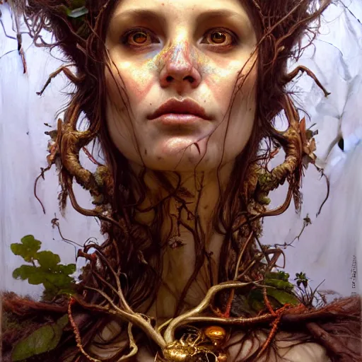 Prompt: highly detailed portrait of a female dryad with a wooden face. art by donato giancola, eugene delacroix, ruan jia, carl larsson, peter mohrbacher. trending on artstation, intricate details, energetic composition, horror themed, golden ratio, concept art, illustration, elegant art, global illumination