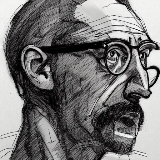 Image similar to a realistic yet scraggly portrait sketch of the side profile of a stern and sophisticated gordon freeman, trending on artstation, intricate details, in the style of frank auerbach, in the style of sergio aragones, in the style of martin ansin, in the style of david aja, in the style of mattias adolfsson