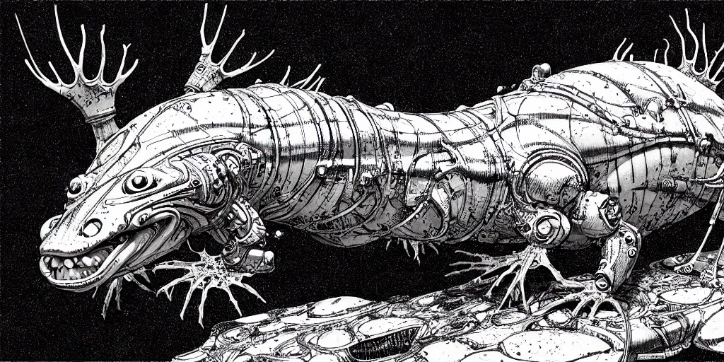 Image similar to a cyborg axolotl. ultrafine hyperdetailed illustration by kim jung gi and hans ruedi giger.