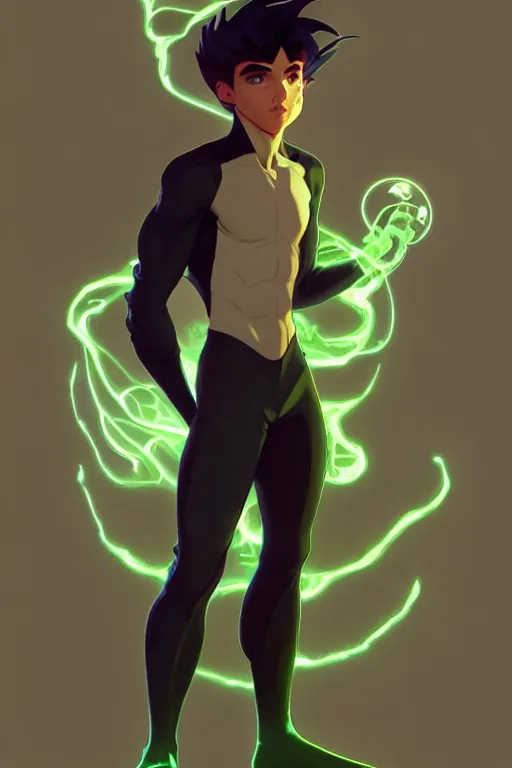 Prompt: a full body character design by artgerm, cushart krenz, greg rutkowski and alphonse mucha. young danny phantom!! glowing green eyes!! sharp teeth!! symmetrical background, face sharp edges. ultra clear detailed. 8 k. ultra detailed, elegant, intricate, octane render.