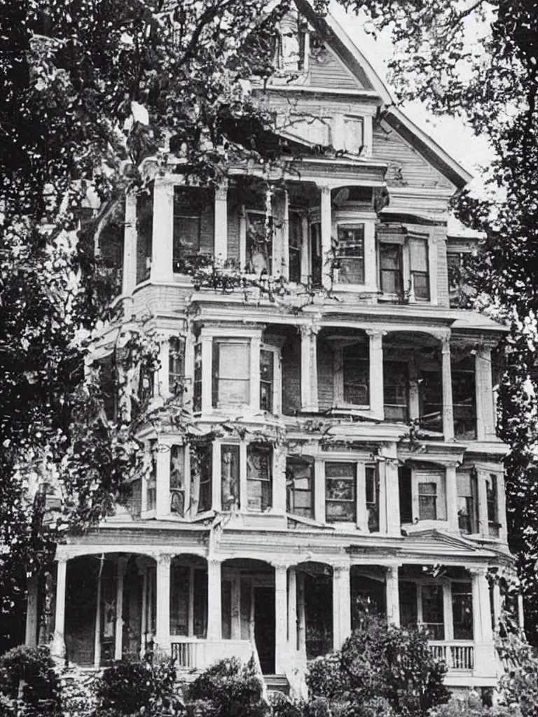 Image similar to 1970s photograph. beautiful exterior view of an old victorian house. a creepy man's face is in the window