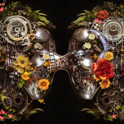 Prompt: a beautiful intricate fine art portrait photo of a mechanical industrial steampunk cybernetic yin yang symbol, overgrown with colorful flowers and leaves by tom bagshaw and sean archer, golden ratio composition, studio lighting, 50mm lens, very detailed, bionic, cybernetic scifi, deep depth of field, artstation, 8K, highly coherent