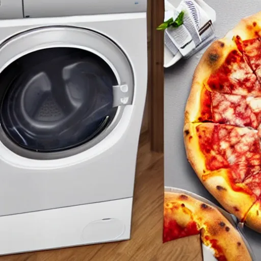 Prompt: photo of a washing machine with pizza spinning inside it