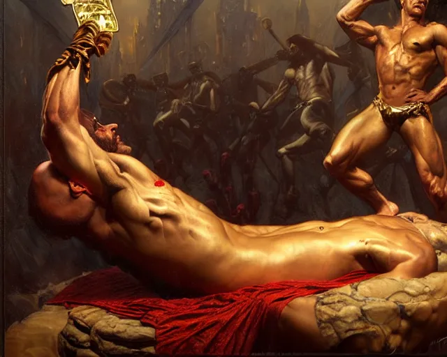 Image similar to muscular magician man, resurrecting the dead. highly detailed glossy matte oil painting by gaston bussiere, craig mullins, j. c. leyendecker, tom of finland