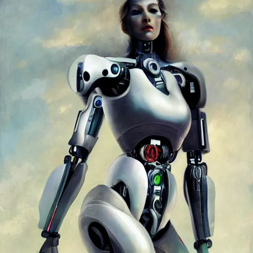 Image similar to beutiful white girl cyborg, alfred kelsner, artstaition, epic composition