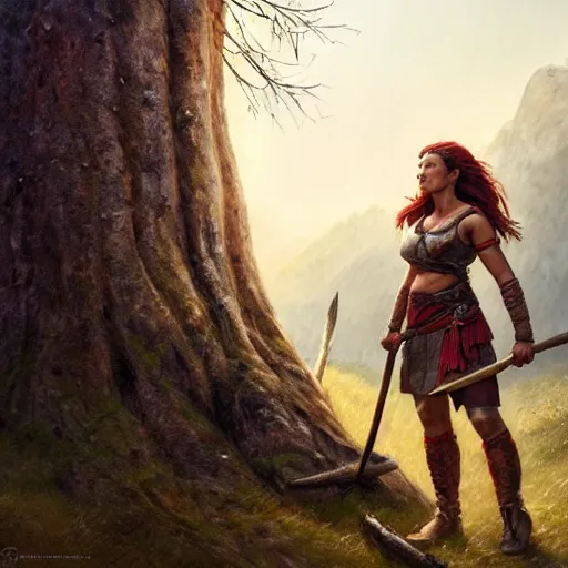 Image similar to a warrior, female, she carries an axe, the axe is resting on her shoulder, she is grabbing a nearby tree, looking onto the horizon, a big wolf is next to her, fall, mountain landscape, portrait by magali villeneuve and ames jean and artgerm and greg rutkowski, 4 k, artstation, realistic, cinematic composition, d & d