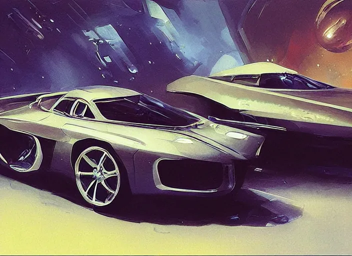 Image similar to luxurious futuristic sportscar with renaissance inspiration by John Berkey and Vincent Di Fate, rule of thirds, concept car, beautiful, in intergalactic hq, ethereal lighting, smooth, masterpiece, Refined