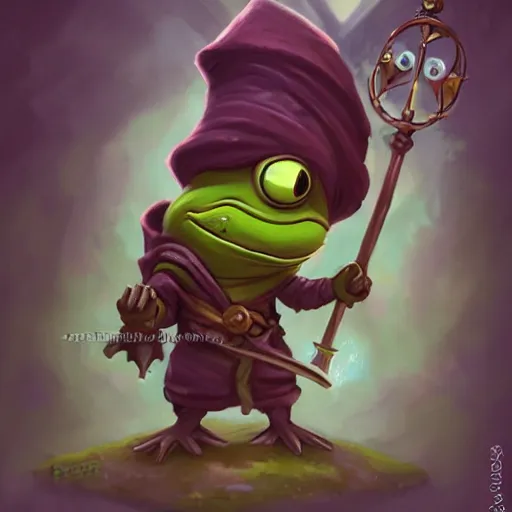 Image similar to cute little anthropomorphic pepe frog, wielding a magic staff, tiny, small, short, wizard robe, cute and adorable, pretty, beautiful, dnd character art portrait, matte fantasy painting, deviantart artstation, by jason felix by steve argyle by tyler jacobson by peter mohrbacher, cinema