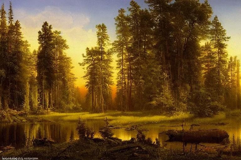 Image similar to A beautiful matte painting of The edge of the Russian forest in summer at night by Ivan Shishkin