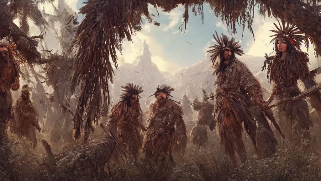 Image similar to highly detailed portrait of a group of grizzled indigenous men, feathered headdress, traditional clothing, unreal engine, fantasy art by greg rutkowski, ferdinand knab, makoto shinkai and lois van baarle, ilya kuvshinov, rossdraws, tom bagshaw, global illumination, radiant light, detailed and intricate environment, group of hunters