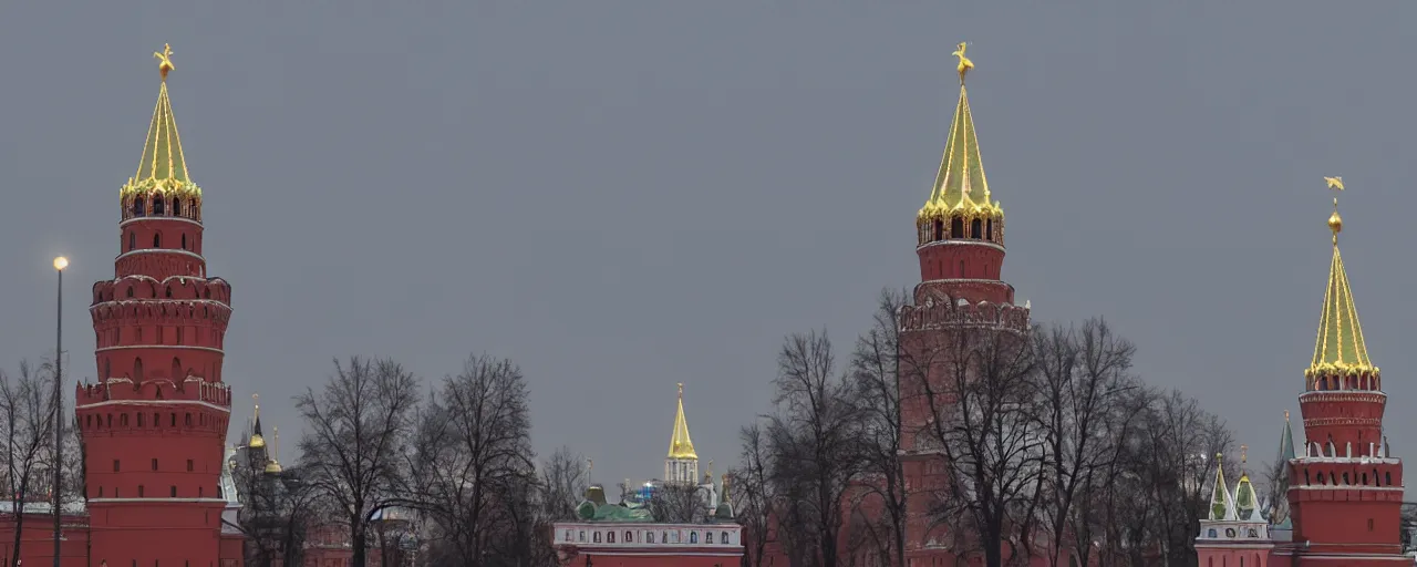 Image similar to Moscow Kremlin is on fire, people are panicking, dark atmosphere. Photography.