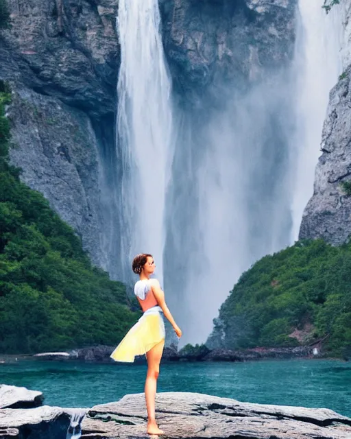 Image similar to a sharp photo of emma watson standing in a yoga pose wearing short translucent skirt standing underneath a waterfall :: trending on artstation, morning, photoreal, ue5
