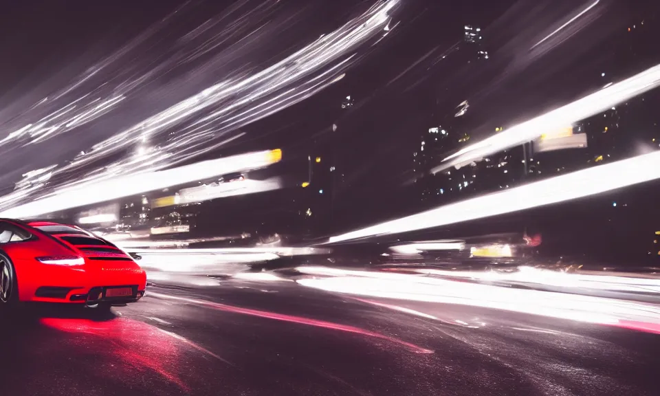 Image similar to photo of a porsche 911 at night driving fast through a city, cinematic, 4k, long exposure photography, tokyo drift, fast and furious, film still, night photography, motion blur, lens flare