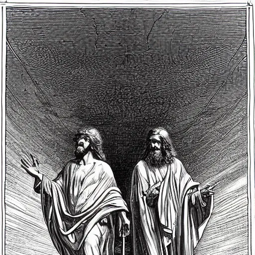Image similar to god and jesus in the heavens, by moebius, colorful, by gustave dore