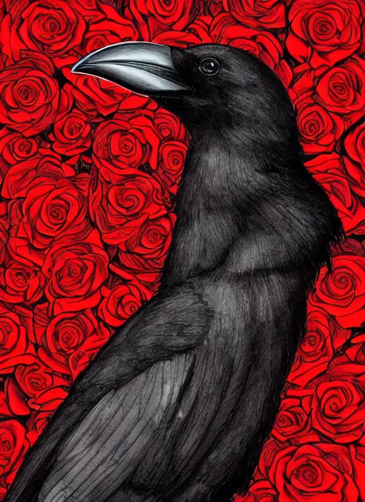 Image similar to portrait, A crow with red eyes in front of the full big moon, book cover, red roses, red white black colors, establishing shot, extremly high detail, foto realistic, cinematic lighting, pen and ink, intricate line drawings, by Yoshitaka Amano, Ruan Jia, Kentaro Miura, Artgerm, post processed, concept art, artstation, matte painting, style by eddie mendoza, raphael lacoste, alex ross