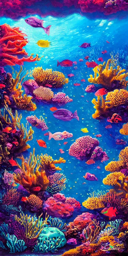 Prompt: underwater coral reef landscape magical realism painting with sun rays coming from above, neon pastel colors