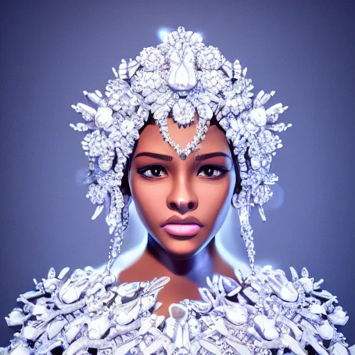 Prompt: portrait of wonderful princess of white diamonds with dark skin, white flowers, ornate with white diamonds, 8 k, gorgeous, intricate, detailed, glowing white accent lighting, dramatic lighting, octane render