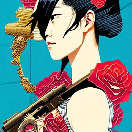 Image similar to portrait of japanese woman :: side profile :: in ocean :: guns metallic details :: gold :: blood and roses :: by MARVEL comics and Sandra Chevrier