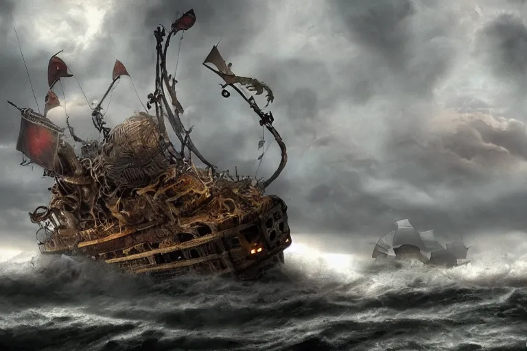 Prompt: epic pirate ship wreckage in a storm, sighting the kraken, in the style of vernon grant and chris van allsburg, trending on artstation, bright tilt - shift camcorder effect, photoshop, retrowave, hyperrealism,