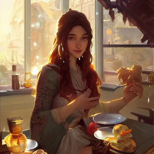 Prompt: a dinner date with the girl next door, slice of life, varying ethnicities, fantasy, elegant, highly detailed, digital painting, artstation, concept art, matte, sharp focus, illustration, hearthstone, art by Artgerm and Greg Rutkowski and Alphonse Mucha