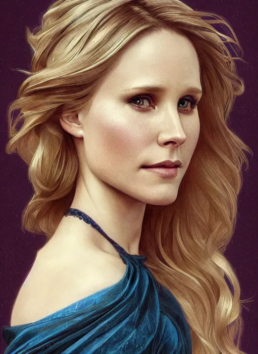 Image similar to beautiful portrait of kristen bell combined with maggie lawson, by magali villeneuve and greg rutkowski and artgerm and alphonse mucha, intricate, elegant, highly detailed, photorealistic, trending on artstation, trending on cgsociety, 8 k, sharp focus