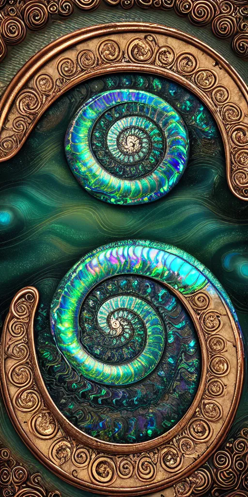 Image similar to cinematic landscape, art nouveau cresting oil slick waves, ammonite, bubbles in a shiny iridescent oil slick wave, black opals, ornate copper patina art nouveau spiral ornament, rococo, organic rippling spirals, hyperdetailed photorealistic ultrasharp octane render