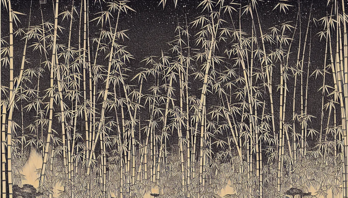 Prompt: bamboo and trees by woodblock print, nicolas delort, moebius, victo ngai, josan gonzalez, kilian eng