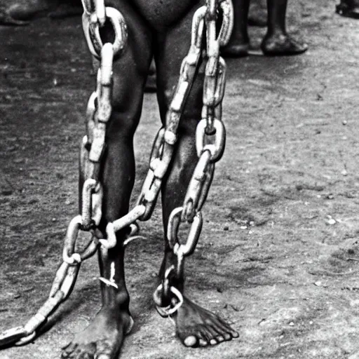 Image similar to a slave with chains looking to the camera.