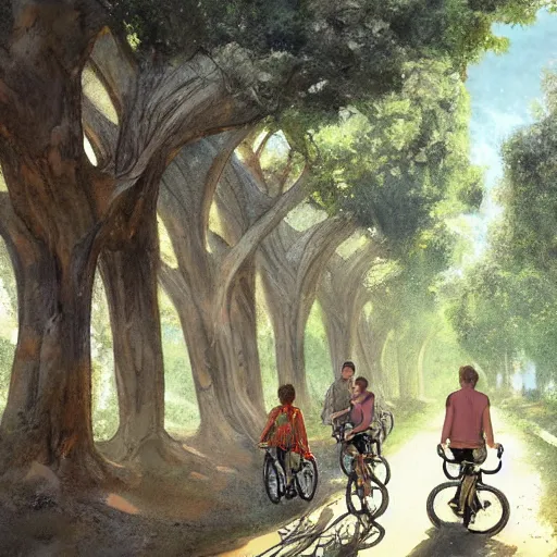 Image similar to friends ride their bikes through a colonnade of trees, by jon foster