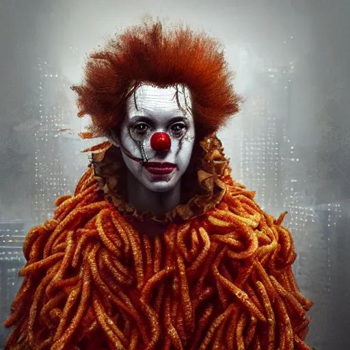 Prompt: Very very very very highly detailed epic central composition photo of Ronald McDonald face, intricate, dystopian, sci-fi, extremely detailed, digital painting, smooth, sharp focus, illustration, intimidating lighting, incredible art by Brooke Shaden, artstation, concept art, Octane render in Maya and Houdini