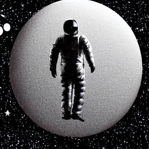 Prompt: man in silver space suit, walking on a catwalk suspended in the darkness of space, surrounded by stars, realistic illustration
