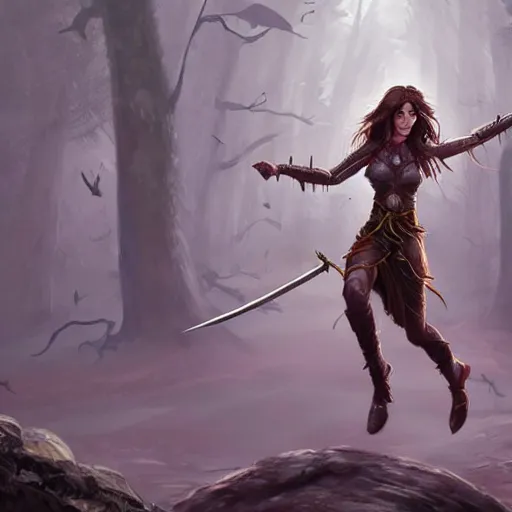 Prompt: brunette sorceress running through the woods with a sword in one hand, epic fantasy, trending on artstation, 4k, highly detailed concept art