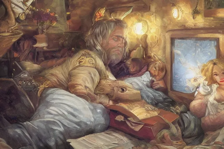 Prompt: portrait of dolly parton reading a bedtime story to jim carrey in bed, an oil painting by ross tran and thomas kincade