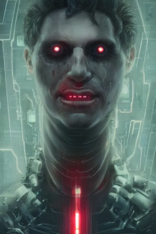 Prompt: head and shoulders render of man cyberpunk face ((glowing_red_eyes red emissives!)) android face inhuman creepy intimidating, exposed wiring bundle. detailed Tom Bagshaw and Greg Rutkowski and Alphonse Mucha Bladerunner 2049 artstation trending 165mm