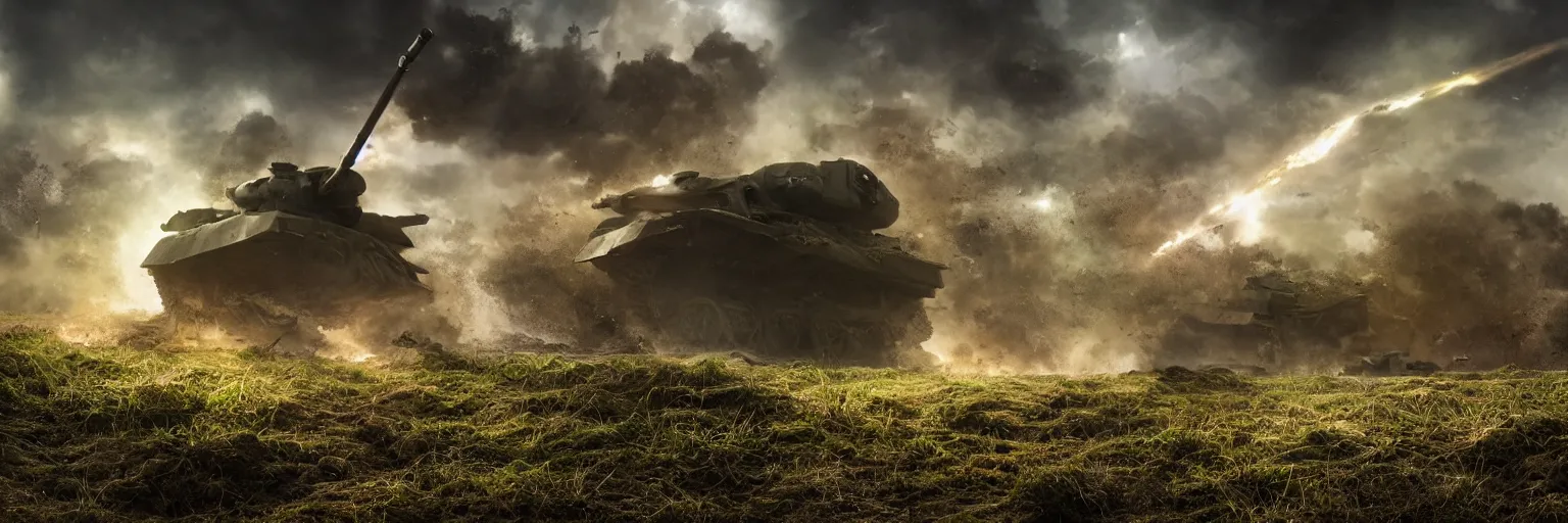 Image similar to natural looking fight landscape of ww 1 deep trenches with fortifications, soldiers fighting with aliens fro resistance game, green gas spreading across land, futuristic tank is on fire, ground explosion in the background, alien mothership in the sky, hyper realistic, highly detailed, dramatic lighting, raytarced, god rays, 4 k, 8 k, matte painting