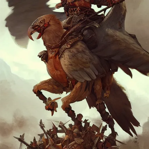 Image similar to The large birds of war, barbarian muscular men riding saddled to the back of the large griffin bird, swords held high, medieval war rages below, highly detailed, digital painting, artstation, concept art, smooth, sharp focus, illustration, art by artgerm and greg rutkowski and alphonse mucha