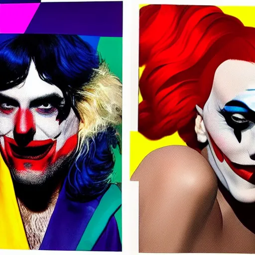 Image similar to richard hamilton and mimmo rottela as lady gaga harley queen and joaquin phoenix joker kissing, pop art, medium long shot, 2 color, random content position, object details, dynamic composition, 4 k, ultra realistic art, smooth, sharp focus, illustration, concept art, intricate details, h 7 6 8