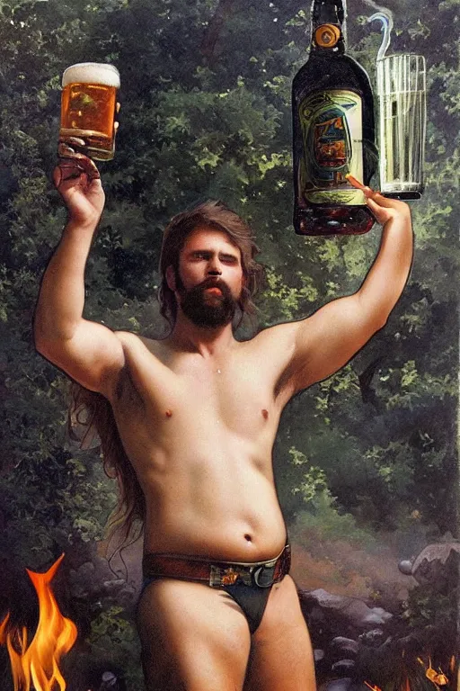 Prompt: a dramatic, epic, ethereal painting of a handsome thicc shirtless cowboy with a beer belly wearing a large belt and cowboy hat | background is a late night campfire with food and jugs of whisky | homoerotic | fire, flames, stars, tarot card, art deco, art nouveau | by Mark Maggiori ((((and Alphonse Mucha)))) | trending on artstation