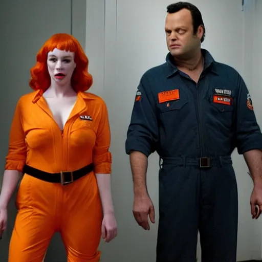 Prompt: vince vaughn as jack fenton, he is wearing an orange coveralls bodysuit with a big sci - fi gun belt, and christina hendricks as maddie fenton, she is wearing a tight teal coveralls bodysuit with a big sci - fi gun belt, movie photo, spooky netflix still shot, they are looking for ghosts