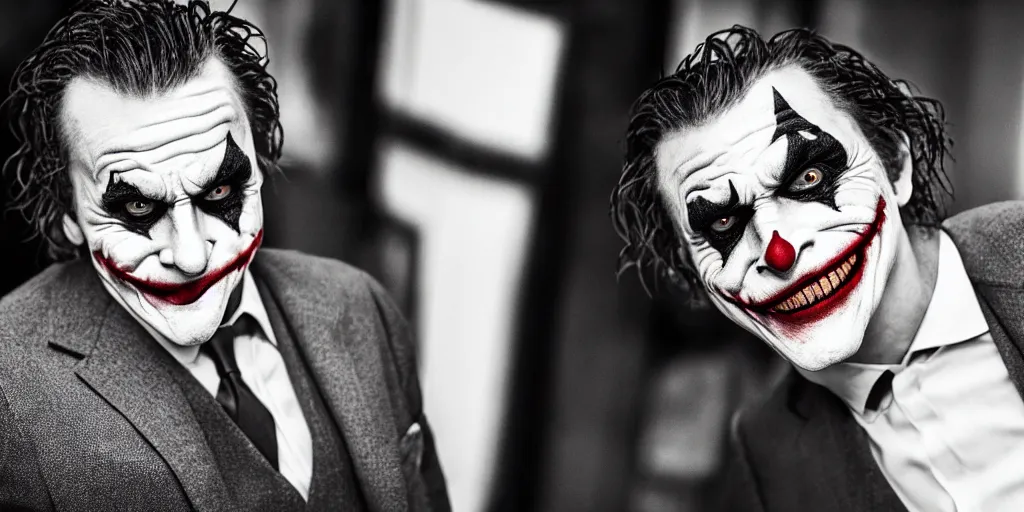 Image similar to joker wearing a suit style, photograph, grinning, creepy,